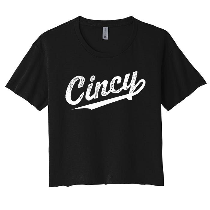 Retro Cincy Cincinnati Ohio Vintage Cursive Script Throwback Women's Crop Top Tee