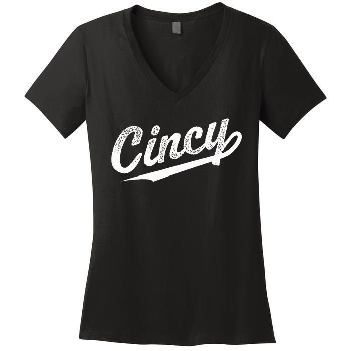 Retro Cincy Cincinnati Ohio Vintage Cursive Script Throwback Women's V-Neck T-Shirt