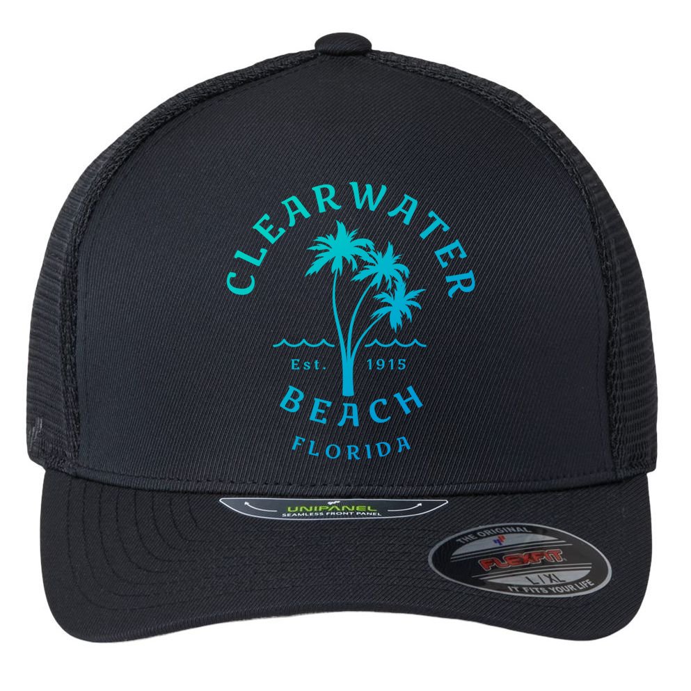 Retro Cool Clearwater Beach Original Florida Beach Palm Tree Gift Flexfit Unipanel Trucker Cap
