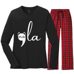 Retro Cat Comma La Kamala Harris For President 2024 Election Women's Long Sleeve Flannel Pajama Set 