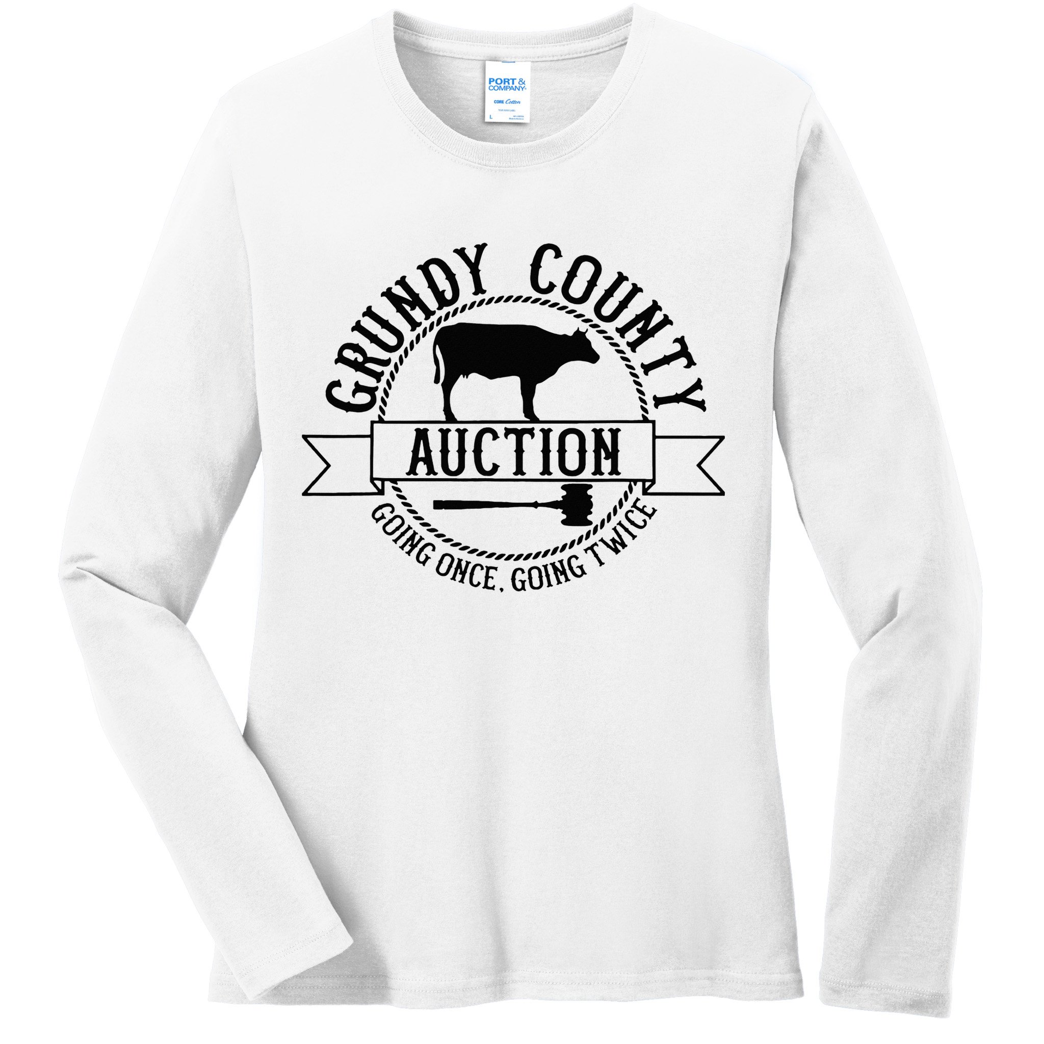 Retro Cow Cattle Grundy County Auction Western Country Farm Ladies Long Sleeve Shirt