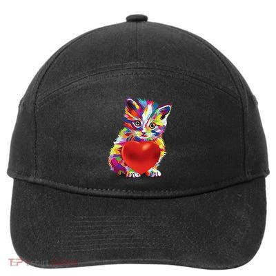 Rainbow Cute Cat Hugging Valentine Heart Kitty Love Cat 7-Panel Snapback Hat