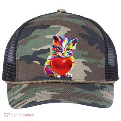 Rainbow Cute Cat Hugging Valentine Heart Kitty Love Cat Retro Rope Trucker Hat Cap