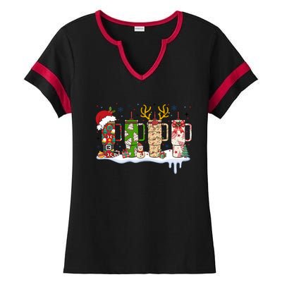 Retro Cup Christmas Santa Reindeer Ladies Halftime Notch Neck Tee