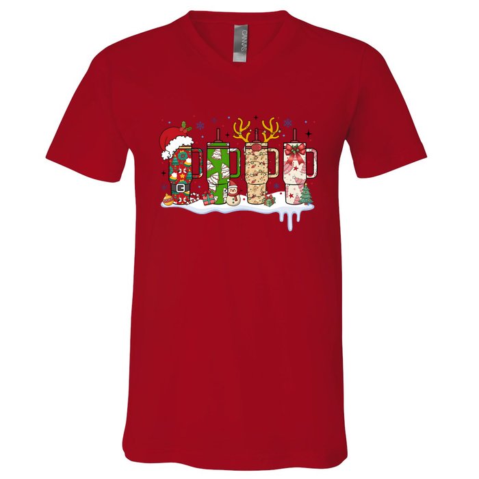 Retro Cup Christmas Santa Reindeer V-Neck T-Shirt