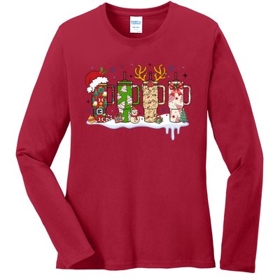 Retro Cup Christmas Santa Reindeer Ladies Long Sleeve Shirt