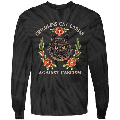 Retro Childless Cat Ladies Against Fascism Women Feminist Tie-Dye Long Sleeve Shirt