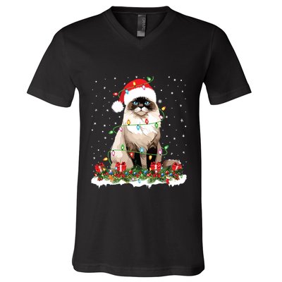 Ragdoll Cat Christmas Lights Xmas Holiday Cat Lover V-Neck T-Shirt