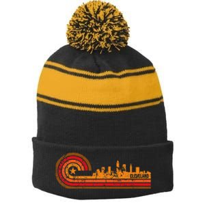 Retro Cleveland Cityscape Cleveland Oh Skyline Stripe Pom Pom Beanie