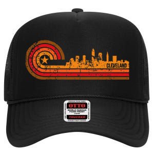 Retro Cleveland Cityscape Cleveland Oh Skyline High Crown Mesh Back Trucker Hat