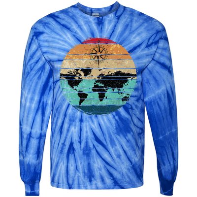 Retro Compass Countries Cartography World Map Tie-Dye Long Sleeve Shirt