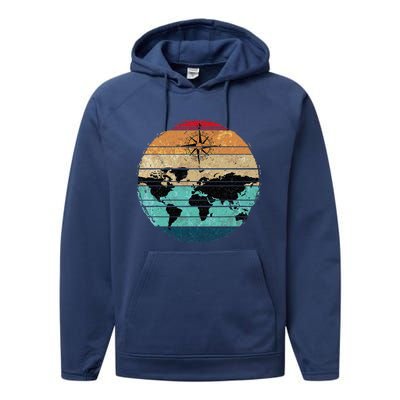 Retro Compass Countries Cartography World Map Performance Fleece Hoodie