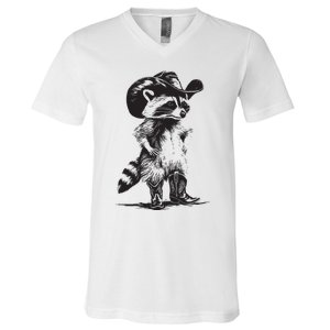 Raccoon Cowboy Cowgirl Trash Panda Western Country V-Neck T-Shirt