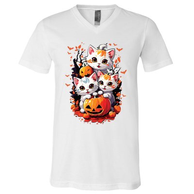 Retro Cute Cat Halloween Funny Season Costume Night Party V-Neck T-Shirt