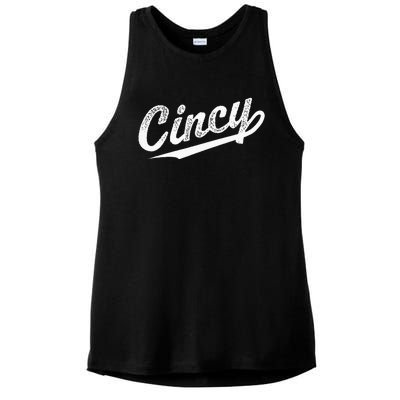 Retro Cincy Cincinnati Ohio Vintage Cursive Script Throwback Ladies PosiCharge Tri-Blend Wicking Tank