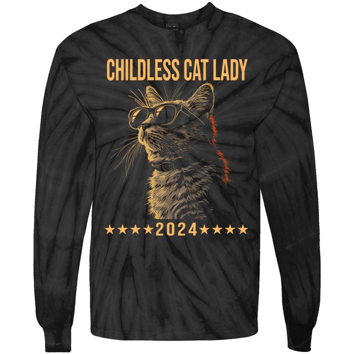 Retro Childless Cat Lady 2024 Ladies Voting Election Tie-Dye Long Sleeve Shirt