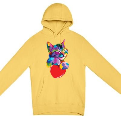 Rainbow Cute Cat Hugging Valentine Heart Kitty Love Cat Meaningful Gift Premium Pullover Hoodie