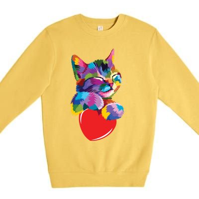 Rainbow Cute Cat Hugging Valentine Heart Kitty Love Cat Meaningful Gift Premium Crewneck Sweatshirt