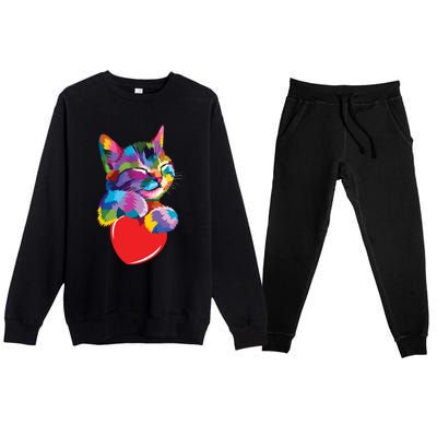 Rainbow Cute Cat Hugging Valentine Heart Kitty Love Cat Meaningful Gift Premium Crewneck Sweatsuit Set