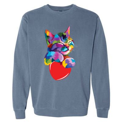 Rainbow Cute Cat Hugging Valentine Heart Kitty Love Cat Meaningful Gift Garment-Dyed Sweatshirt