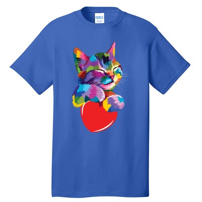 Rainbow Cute Cat Hugging Valentine Heart Kitty Love Cat Meaningful Gift Tall T-Shirt