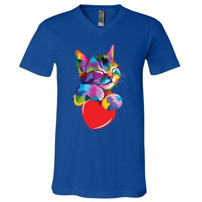 Rainbow Cute Cat Hugging Valentine Heart Kitty Love Cat Meaningful Gift V-Neck T-Shirt