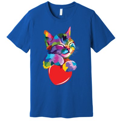 Rainbow Cute Cat Hugging Valentine Heart Kitty Love Cat Meaningful Gift Premium T-Shirt