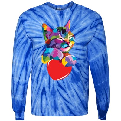 Rainbow Cute Cat Hugging Valentine Heart Kitty Love Cat Meaningful Gift Tie-Dye Long Sleeve Shirt