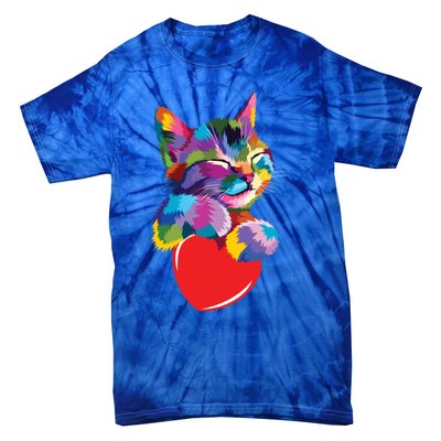 Rainbow Cute Cat Hugging Valentine Heart Kitty Love Cat Meaningful Gift Tie-Dye T-Shirt