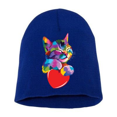 Rainbow Cute Cat Hugging Valentine Heart Kitty Love Cat Meaningful Gift Short Acrylic Beanie