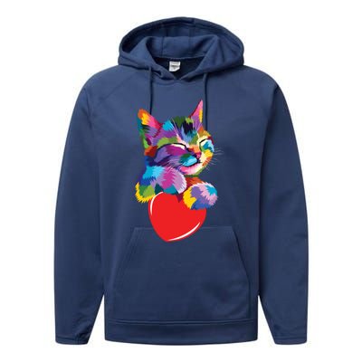 Rainbow Cute Cat Hugging Valentine Heart Kitty Love Cat Meaningful Gift Performance Fleece Hoodie