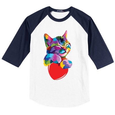 Rainbow Cute Cat Hugging Valentine Heart Kitty Love Cat Meaningful Gift Baseball Sleeve Shirt