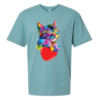 Rainbow Cute Cat Hugging Valentine Heart Kitty Love Cat Meaningful Gift Sueded Cloud Jersey T-Shirt