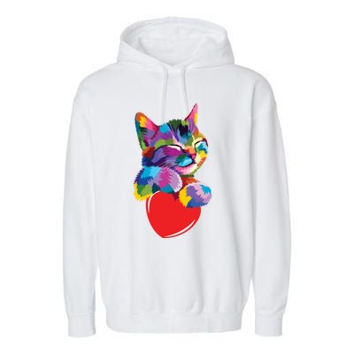 Rainbow Cute Cat Hugging Valentine Heart Kitty Love Cat Meaningful Gift Garment-Dyed Fleece Hoodie