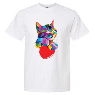 Rainbow Cute Cat Hugging Valentine Heart Kitty Love Cat Meaningful Gift Garment-Dyed Heavyweight T-Shirt