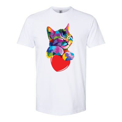 Rainbow Cute Cat Hugging Valentine Heart Kitty Love Cat Meaningful Gift Softstyle CVC T-Shirt