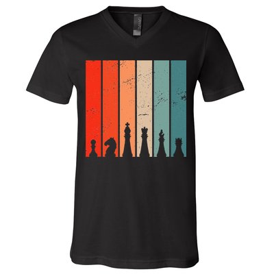 Retro Chess Chessboard Chess Character Chess Pieces V-Neck T-Shirt