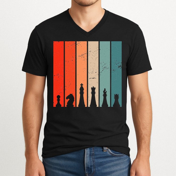 Retro Chess Chessboard Chess Character Chess Pieces V-Neck T-Shirt