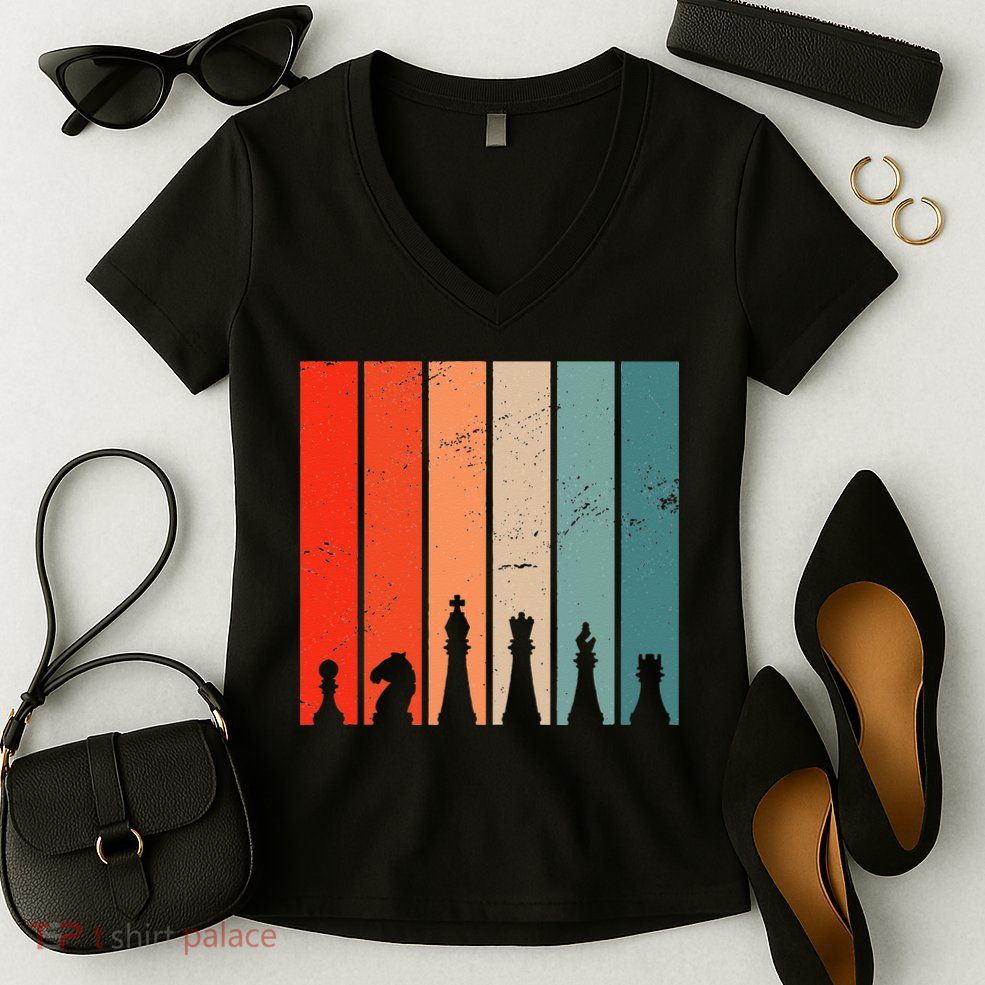 Retro Chess Chessboard Chess Character Chess Pieces Women's V-Neck T-Shirt