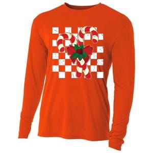 Retro Candy Cane Trendy Checkered Christmas Holiday Cooling Performance Long Sleeve Crew