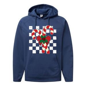 Retro Candy Cane Trendy Checkered Christmas Holiday Performance Fleece Hoodie