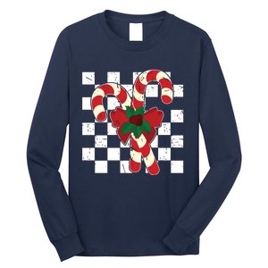 Retro Candy Cane Trendy Checkered Christmas Holiday Long Sleeve Shirt