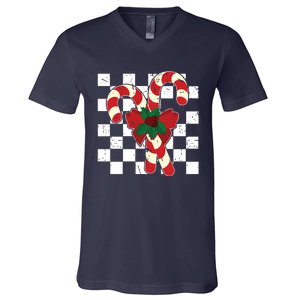 Retro Candy Cane Trendy Checkered Christmas Holiday V-Neck T-Shirt