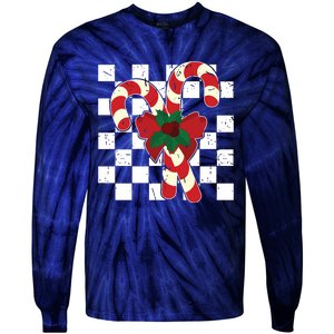 Retro Candy Cane Trendy Checkered Christmas Holiday Tie-Dye Long Sleeve Shirt