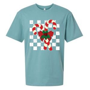 Retro Candy Cane Trendy Checkered Christmas Holiday Sueded Cloud Jersey T-Shirt