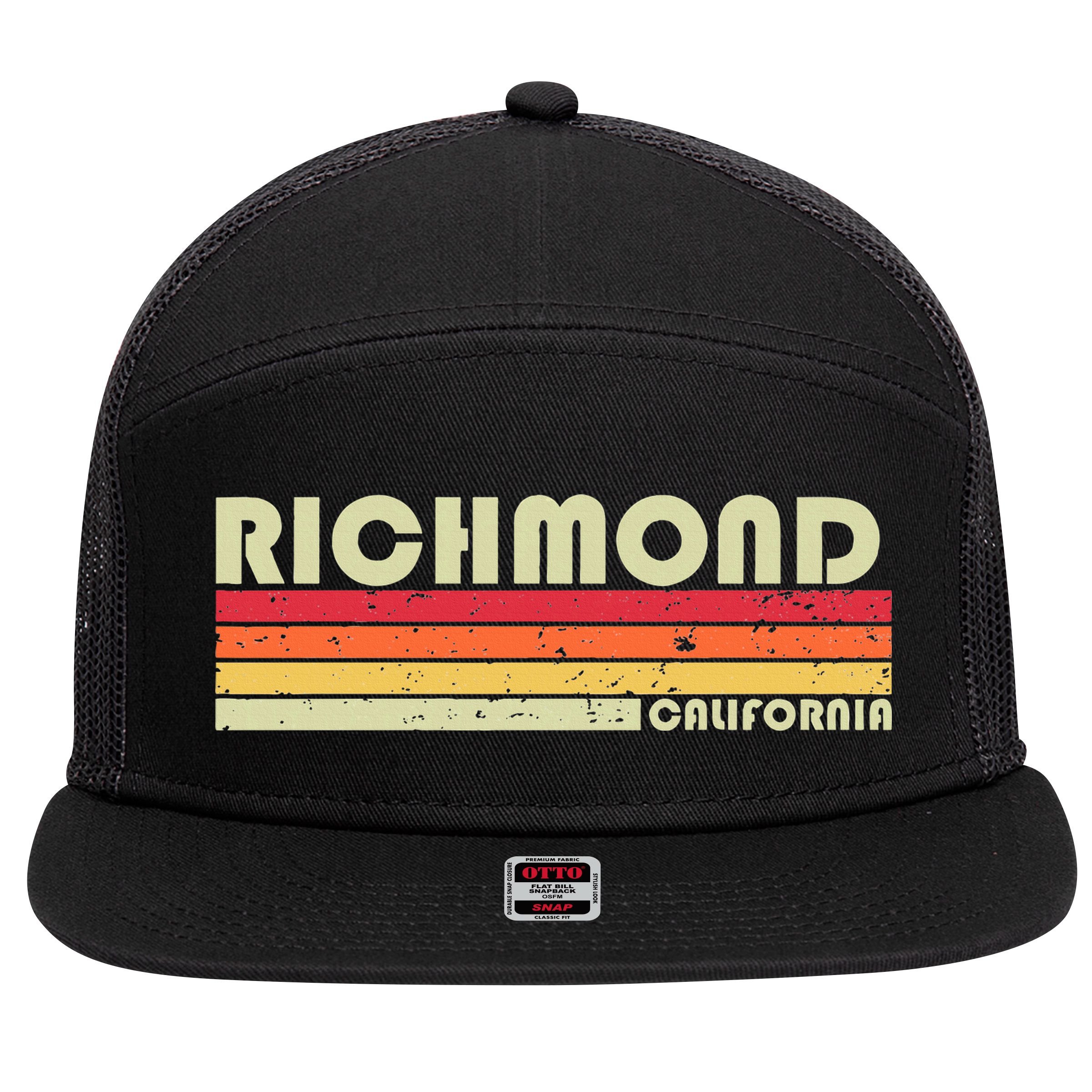 Richmond Ca California Funny City Home Roots Gift Retro 80s 7 Panel Mesh Trucker Snapback Hat