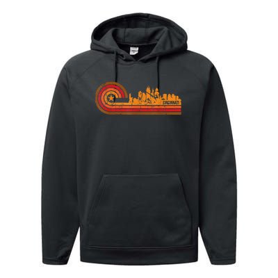 Retro Cincinnati Cityscape Cincinnati Oh Skyline Performance Fleece Hoodie