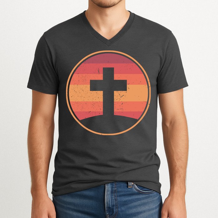 Retro Christian Cross V-Neck T-Shirt