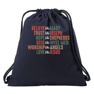 Retro Christian Christmas Believe Like Mary Love Like Jesus Gift Drawstring Bag