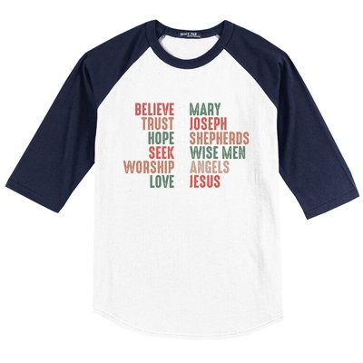 Retro Christian Christmas Believe Like Mary Love Like Jesus Gift Baseball Sleeve Shirt